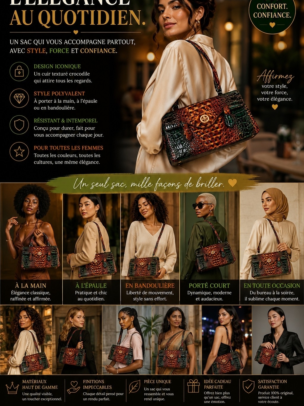 Textured Croc-Effect Shoulder Bag in Green & Brown - Women